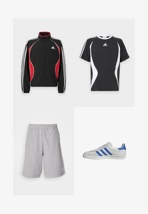 Zwart trainingsjack met rode en witte accenten, ritssluiting aan de voorkant, hoge kraag en elastische manchetten; voorzien van drie witte strepen langs de mouwen.; Zwart T-shirt met korte mouwen met witte designelementen en het Adidas-logo op de borst. Gemaakt van zacht katoen met een ronde hals.; Grijze sportshorts van katoenmix stof. Voorzien van zijzakken, een elastische tailleband en witte zijstrepen. Klassiek ontwerp.; Witte sneaker met blauwe en grijze accenten, uitgerust met drie kenmerkende strepen, vetersluiting en een gestructureerde zool.
