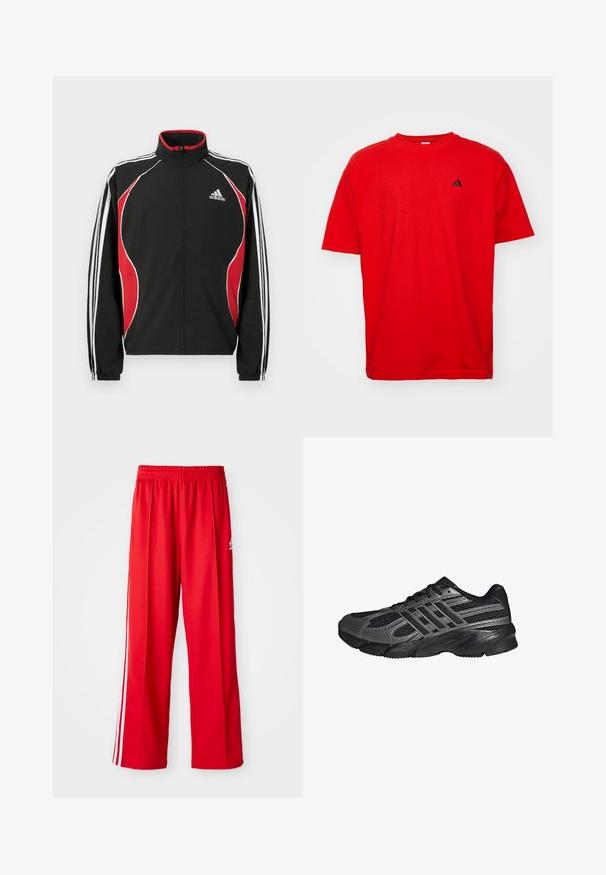 Sort trackjakke med røde og hvide accenter, lynlåslukning foran, høj krave og elastiske manchetter; har tre hvide striber ned ad ærmerne.; Rød bomulds T-shirt med korte ærmer og rund hals. Har et lille sort logo på venstre bryst og en lige kant.; Røde træningsbukser lavet af letvægtigt stof, med en elastisk talje, to hvide sidestreger og et lille logo på hoften.; Sorte træningssko lavet af mesh og syntetiske materialer, med en tekstureret overflade, flere grå striber og en polstret krave.