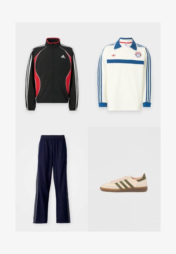 Zwart trainingsjack met rode en witte accenten, ritssluiting aan de voorkant, hoge kraag en elastische manchetten; voorzien van drie witte strepen langs de mouwen.; Witte sporttrui met lange mouwen, blauwe kraag, blauwe strepen op de mouwen, blauwe borststreep, rood logo en een schildembleem met sterren op de borst.; Marineblauwe sportbroek met een elastische tailleband, voorzien van drie witte zijstrepen en een recht-aansluitend ontwerp. Zachte denim structuur.; Beige Adidas Spezial sneaker met een laag profiel, groene strepen, een gumkleurige zool en "SPEZIAL" branding aan de zijkant, gezien vanaf de buitenzijde.