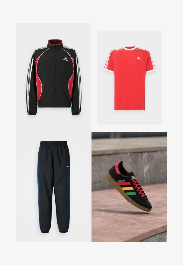 Sort trackjakke med røde og hvide accenter, lynlåslukning foran, høj krave og elastiske manchetter; har tre hvide striber ned ad ærmerne.; Rød bomulds t-shirt med hvid krave og ærmekanter. Har hvide tre-stribe design på skuldrene og et lille hvidt logo på brystet.; Sorte atletiske bukser med elastisk talje, blå sideløb, lynlåslommer og tætsiddende benafslutninger for en stram pasform. Lavet af let materiale.; Sort Adidas Spezial-sneaker med røde, gule og grønne striber, røde snørebånd, gummisål og rødt hældetalje, vist svævende over fortovet.
