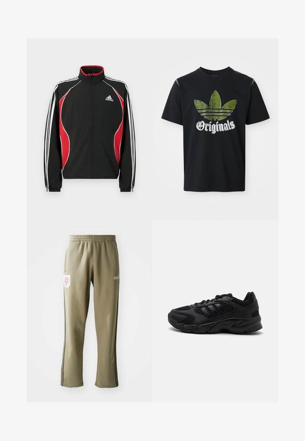 Chaqueta de chándal negra con detalles en rojo y blanco, cierre frontal con cremallera, cuello alto y puños elásticos; presenta tres rayas blancas a lo largo de las mangas.; Camiseta de algodón negra con un gráfico verde desgastado que presenta tres rayas y la palabra "Originales" debajo en blanco, cuello redondo, mangas cortas.; Pantalones deportivos de color verde oliva con cintura elástica, bolsillos laterales, rayas negras a los lados y un parche de logo en el muslo.; Zapatillas deportivas negras que combinan malla transpirable y materiales sintéticos. Suela texturizada distintiva y tres franjas negras en el costado.