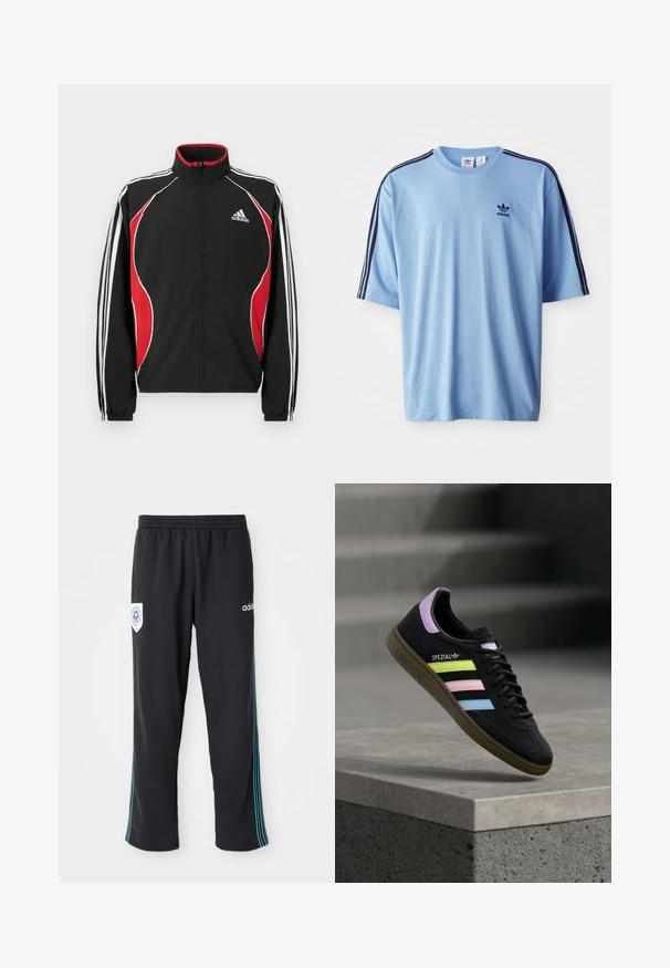 Čierna športová bunda s červenými a bielymi akcentmi, predný zips, vysoký golier a elastické manžety; tri biele pruhy na rukávoch.; Svetlo modré tričko Adidas vyrobené z bavlny, s okrúhlym výstrihom, krátkymi rukávmi a tromi čiernymi pruhmi pozdĺž ramien.; Čierne polyesterové športové nohavice s elastickým pásom, s modro pruhovaným detailom po boku a logom na ľavom prednom boku.; Čierna teniska Adidas Spezial s pastelovo žltými, ružovými a modrými pruhmi, levanduľovým jazýčkom na päte a hnedou podrážkou, vznášajúca sa nad betónovou hranou.