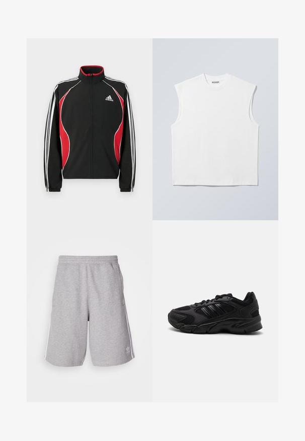 Schwarze Trainingsjacke mit roten und weißen Akzenten, Reißverschluss vorne, hohem Kragen und elastischen Bündchen; verfügt über drei weiße Streifen entlang der Ärmel.; Weißes ärmelloses Baumwolltop mit Rundhalsausschnitt und strukturierten Schultern, mit "WEEKDAY" auf dem Kragenetikett versehen, vor hellgrauem Hintergrund dargestellt.; Graue Sportshorts aus einem Baumwollmix. Mit seitlichen Taschen, elastischem Bund und weißen Seitenstreifen. Klassisches Design.; Schwarze Sportschuhe mit einer Kombination aus atmungsaktivem Mesh und synthetischen Materialien. Auffällige strukturierte Sohle und drei schwarze Streifen an der Seite.