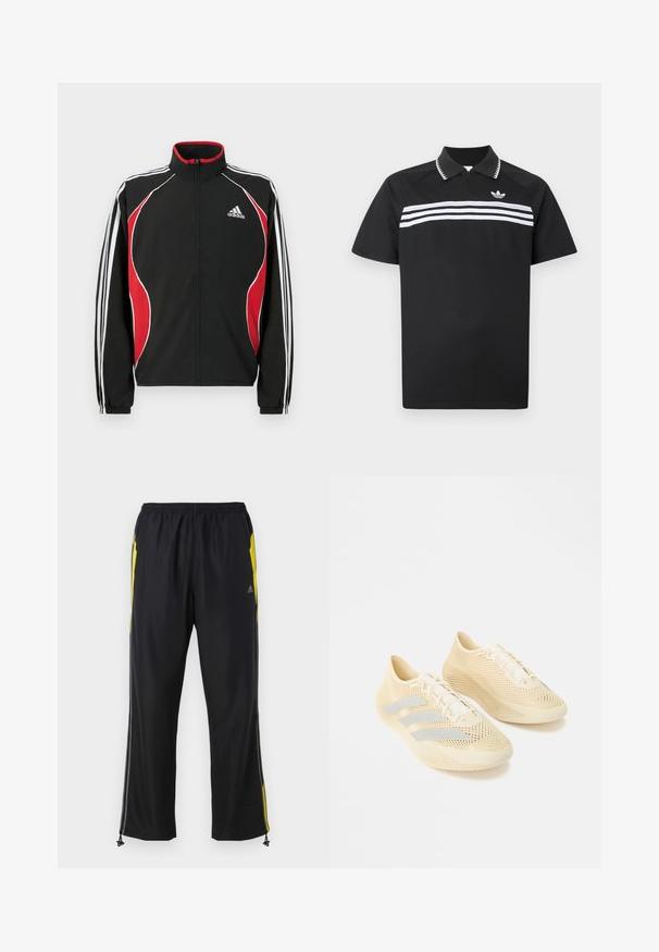Veste de survêtement noire avec accents rouges et blancs, fermeture éclair à l'avant, col montant et poignets élastiqués ; présente trois bandes blanches le long des manches.; Polo noir avec un col zippé, comportant trois bandes blanches horizontales traversant la poitrine et un petit logo en haut à gauche.; Pantalons de sport noirs avec des accents jaunes sur les côtés, taille élastique et poches latérales zippées. Fabriqués en tissu léger et lisse.; Chaussures de sport légères beiges avec surface texturée, design à lacets et trois bandes gris clair sur le côté.
