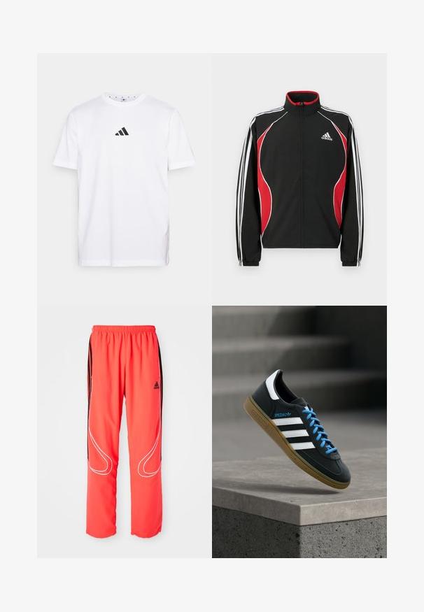 Schwarze Trainingsjacke mit roten und weißen Akzenten, Reißverschluss vorne, hohem Kragen und elastischen Bündchen; verfügt über drei weiße Streifen entlang der Ärmel.; Weißes Baumwoll-T-Shirt mit einem kleinen schwarzen dreieckigen Logo auf der Brust, kurzen Ärmeln und rundem Ausschnitt. Einfaches und klassisches Design.; Rote Sporthosen mit lockerer Passform, elastischem Bund, schwarzen seitlichen Streifen und weißen Paspelierungen entlang der Beine. Adidas-Logo auf der Hüfte.; Schwarzer Adidas-Sneaker mit weißen Streifen, blauen Schnürsenkeln und Gummisohle, der über einer grauen Betontreppe im weichen Licht schwebt.