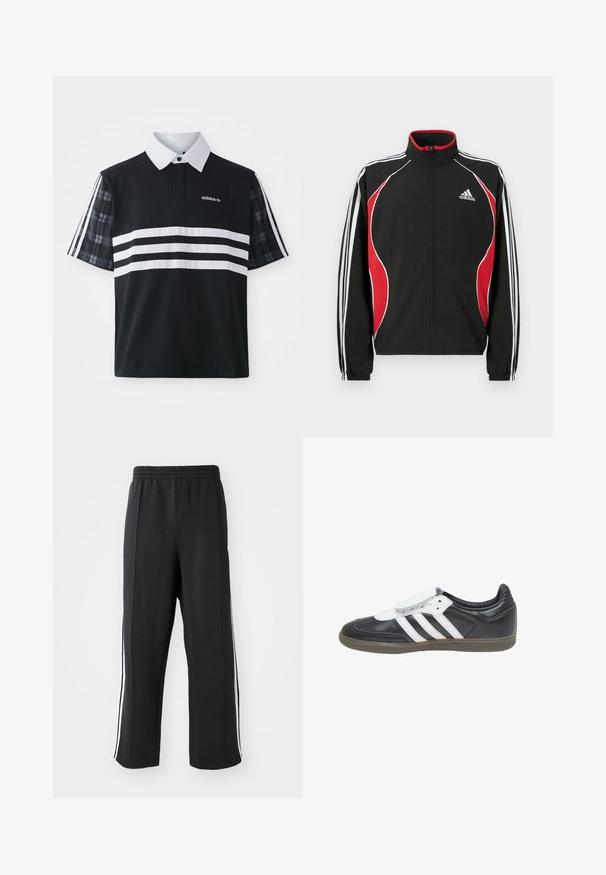 Chaqueta de chándal negra con detalles en rojo y blanco, cierre frontal con cremallera, cuello alto y puños elásticos; presenta tres rayas blancas a lo largo de las mangas.; Camisa polo negra con rayas blancas y un logotipo; cuenta con mangas cortas de cuadros y un cuello blanco con una hilera de botones.; Pantalones de chándal negros con cintura elástica, con franjas laterales blancas y un corte relajado. Hechos de una tela suave y elástica.; adidas Originals SAMBA LT - Zapatillas - core black footwear white gum
