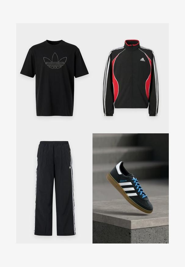 Sort trackjakke med røde og hvide accenter, lynlåslukning foran, høj krave og elastiske manchetter; har tre hvide striber ned ad ærmerne.; Sort bomuld T-shirt med et stort, omridset Adidas-logo i reflekterende materiale med vandrette linjer på forsiden. Korte ærmer.; Sorte bukser med vide ben og hvide striber på siden, elastisk talje, forreste læg og Adidas-logo på højre lår.; Sort Adidas sneaker med hvide striber, blå snørebånd og gummisål, der svæver over gråt betontrin i blødt lys.