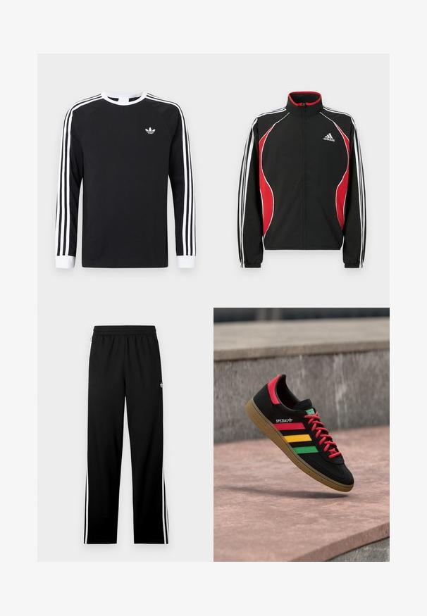Sort trackjakke med røde og hvide accenter, lynlåslukning foran, høj krave og elastiske manchetter; har tre hvide striber ned ad ærmerne.; Sort langærmet T-shirt med hvidt trestribet design på ærmerne. Har rund halsudskæring og et lille hvidt logo på brystet.; Sorte atletikbukser lavet af mesh-stof med en lige skåret pasform, elastisk taljebånd og hvide striber i siden. Sportsslogo vist.; Sort Adidas Spezial-sneaker med røde, gule og grønne striber, røde snørebånd, gummisål og rødt hældetalje, vist svævende over fortovet.