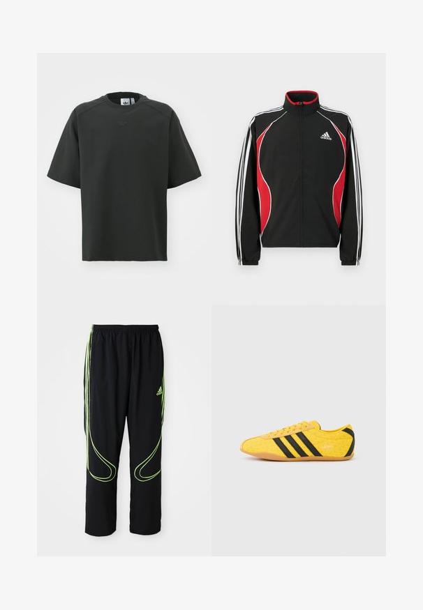 Sort trackjakke med røde og hvide accenter, lynlåslukning foran, høj krave og elastiske manchetter; har tre hvide striber ned ad ærmerne.; Sort kortærmet t-shirt lavet af glat stof. Har en rund halsudskæring, præget logo på brystet og mesh-detaljer på ærmerne.; Sorte Adidas sportbukser med neongrønne buede linjer og tre striber på siderne, elastisk livrem og Adidas-logo på forsiden af låret.; Gul atletiksko med en tekstureret overdel, der har sorte striber og logo. Rundt tå, blød sål og zigzag-mønster på materialet.