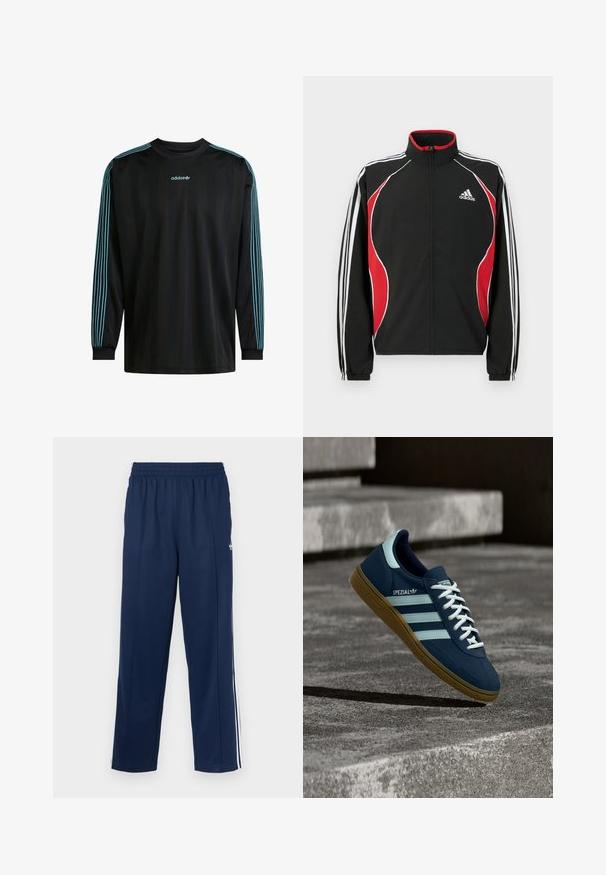 Zwart trainingsjack met rode en witte accenten, ritssluiting aan de voorkant, hoge kraag en elastische manchetten; voorzien van drie witte strepen langs de mouwen.; Zwarte lange mouwen shirt met geribbeld kraag, voorzien van drie turquoise strepen op elke mouw en een Adidas logo op de borst.; Navyblauwe sportbroek met een gestructureerde afwerking, elastische tailleband en witte zijkstrepen. Heeft een rechte snit en geen zakken.; Blauwe Adidas Spezial sneaker met witte strepen en veters, gumzool, zwevend boven een ruwe betonnen oppervlakte en trappen op de achtergrond.