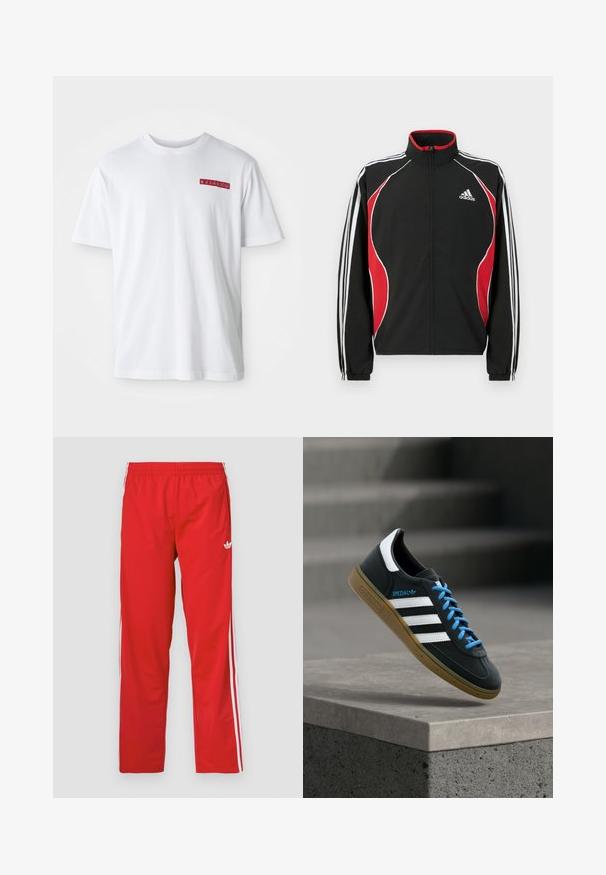 Zwart trainingsjack met rode en witte accenten, ritssluiting aan de voorkant, hoge kraag en elastische manchetten; voorzien van drie witte strepen langs de mouwen.; Witte katoenen t-shirt met een ronde hals, korte mouwen en een klein rood grafisch detail op de linkerborst.; Rode trainingsbroek van lichtgewicht stof met een elastische tailleband en witte strepen aan de zijkanten. Voorzien van een klein logo bij de heup.; Zwarte Adidas-sneaker met witte strepen, blauwe veters en een gumzool die boven een grijze betonnen trede zweeft in zacht licht.