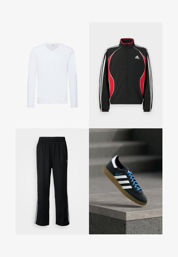 Chaqueta de chándal negra con detalles en rojo y blanco, cierre frontal con cremallera, cuello alto y puños elásticos; presenta tres rayas blancas a lo largo de las mangas.; Camiseta blanca de manga larga y cuello en V, hecha de una suave mezcla de algodón. Presenta una textura lisa y un dobladillo recto con un detalle mínimo.; Pantalones deportivos negros con cintura elástica, que presentan rayas laterales blancas y un pequeño logotipo. El material parece suave y ligero.; Zapatilla negra Adidas con franjas blancas, cordones azules y suela de goma flotando sobre un escalón de hormigón gris con luz suave.