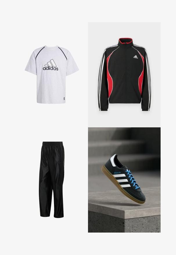 Zwart trainingsjack met rode en witte accenten, ritssluiting aan de voorkant, hoge kraag en elastische manchetten; voorzien van drie witte strepen langs de mouwen.; Grijze katoenen t-shirt met ronde hals, korte mouwen en contrasterende zwarte accenten langs de naden. Heeft een opvallend zwart Adidas-logo.; Zwarte glanzende sportbroek met elastische tailleband, zijzakken met rits en tonale strepen langs de zijkanten.; Zwarte Adidas-sneaker met witte strepen, blauwe veters en een gumzool die boven een grijze betonnen trede zweeft in zacht licht.
