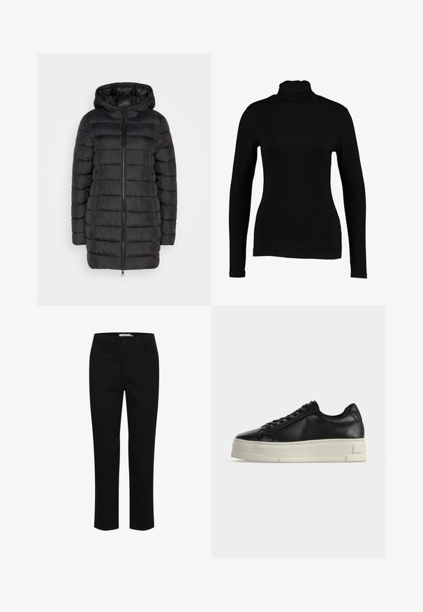 Sort puffjakke med hætte, der har lynlås foran, horisontalt quiltet mønster og en mellemlang design. Glat tekstur.; Sort langærmet turtleneck top lavet af glat stof, med et tætsiddende design og høj hals, velegnet til lag-på-lag brug eller som en selvstændig beklædningsgenstand.; Sorte bomuldsbukser designet med lige pasform. Har fem lommer og en frontknaplukning. Glat tekstur, minimale syninger.; Sort læderlavtop sneaker med tyk hvid platformsål og sorte snørebånd på en ensfarvet lys baggrund.