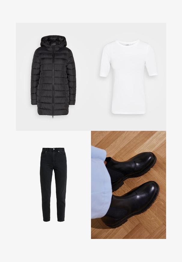 Sort puffjakke med hætte, der har lynlås foran, horisontalt quiltet mønster og en mellemlang design. Glat tekstur.; Hvid, letvægts, stræktilpasset t-shirt med rund halsudskæring og korte ærmer, der har en glat tekstur og ingen synlige mønstre.; High-waist sort denim jeans med forreste knap og lynlås, to forlommer og en tilspidset ben foran på en hvid baggrund.; Sorte ankelstøvler lavet af glat læder med elastiske sidepaneler, en tekstureret gummisål og kontraststing langs kanten.