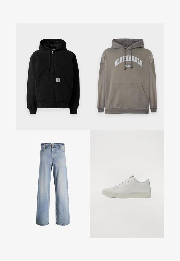 Sort zip-up hættejakke med forlommer, snoretræk i hætten, ribbede manchetter og et lille Carhartt-logo patch på lommen.; Oliven grøn hættetrøje med lommer foran, snoretræk i hætten og hvid "BLUEMARBLE EST. 2015" grafik. Har ribbede manchetter og kant.; Lysblå højtaljede wide-leg jeans med frontknap og lynlås, fem lommer og falmede detaljer på stoffet.; Hvide lædersneakers med lavt design, der har runde snørebånd, minimal syning og en struktureret gummisål.