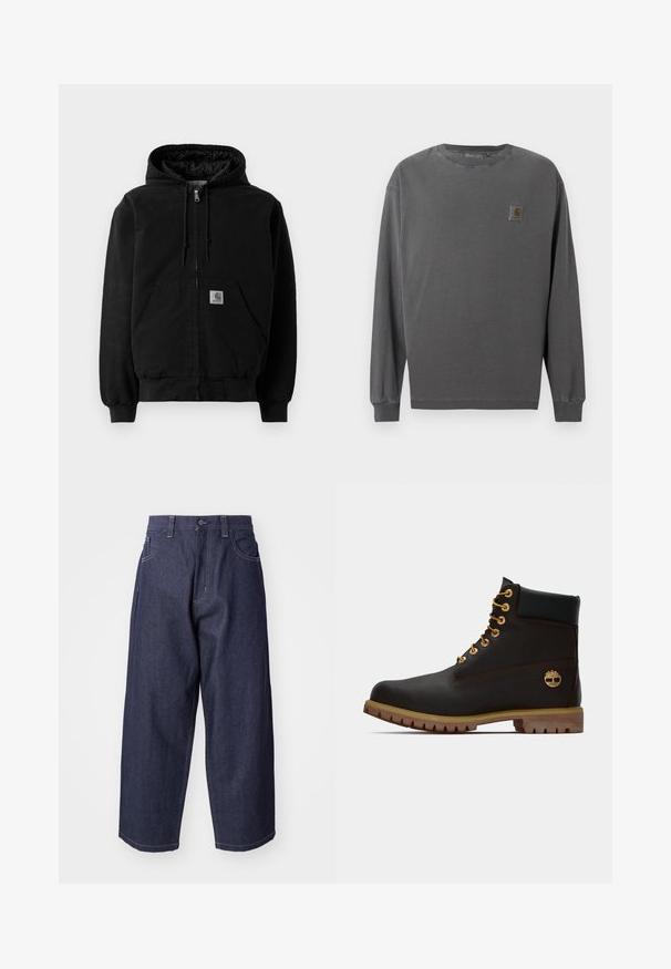 Schwarze Zip-Jacke mit Kapuze, Fronttaschen, verstellbarem Kordelzug in der Kapuze, gerippten Bündchen und einem kleinen Carhartt-Logo-Patch auf der Tasche.; Langärmeliges Hemd aus dunkelgrauer Baumwolle. Mit rundem Ausschnitt, elastischen Bündchen und kleinem quadratischem Logo-Patch auf der linken Brust.; Dunkelblaue Denim-Jeans mit einem lockeren, weiten Schnitt. Zu den Merkmalen gehören ein Knopfverschluss, Fronttaschen und sichtbare Nähte.; Schwarze Leder-Ankle-Boots mit goldenen Ösen, braunen Akzenten und einer Gummisohle. Verfügt über einen gepolsterten Schaft und ein geprägtes Logo an der Seite.