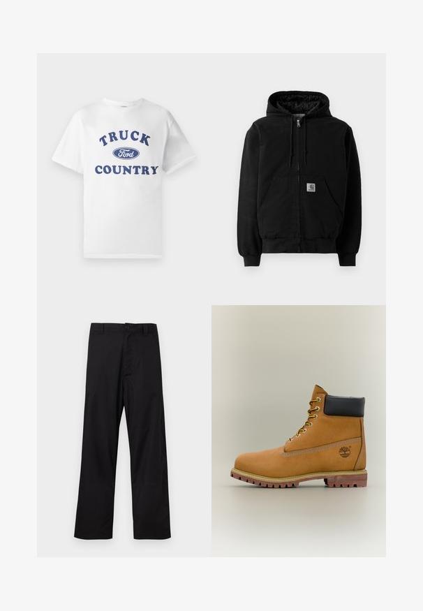 Schwarze Zip-Jacke mit Kapuze, Fronttaschen, verstellbarem Kordelzug in der Kapuze, gerippten Bündchen und einem kleinen Carhartt-Logo-Patch auf der Tasche.; Weißes Baumwoll-T-Shirt mit blau bedrucktem Text "TRUCK COUNTRY" und einem blauen ovalen "Ford"-Logo in der Mitte. Kurze Ärmel und Rundhalsausschnitt.; Schwarze gerade geschnittene Hosen mit Knopf- und Reißverschluss, Gürtelschlaufen, flach auf hellem Hintergrund präsentiert.; Brauner Leder-Stiefelette mit schwarzem Kragen, gelben Schnürsenkeln und hellbrauner Sohle. Verfügt über ein Logo und weiße Ziernähe. Robuste Profilsohle.