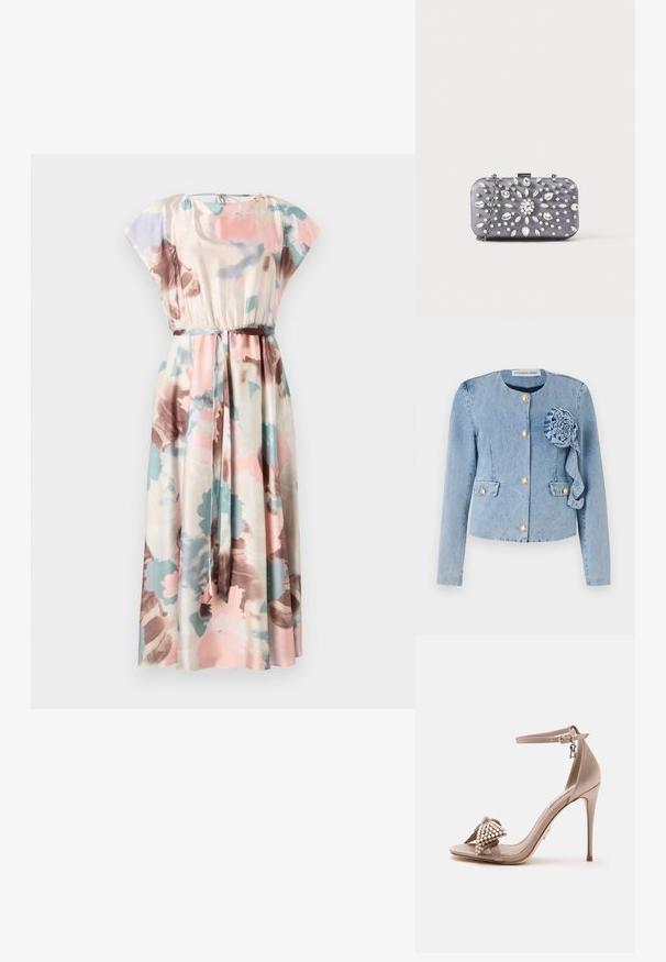 Lys blå denimjakke med rund halsudskæring, guldknaplukninger, lomme med klap og en dekorativ stofblomst på venstre front.; Maxi kjole med korte cap ærmer, blomster mønstre i pink, blå og brun på creme farvet stof, med en elastisk liv og matchende bælte.; Beige højhælet sandal med ankelrem og pyntet sløjfe med perler og krystaller på den forreste rem.; Lille rektangulær mørkegrå clutch pyntet med klare rhinsten i et strålende mønster og en sølvkæde som strop.