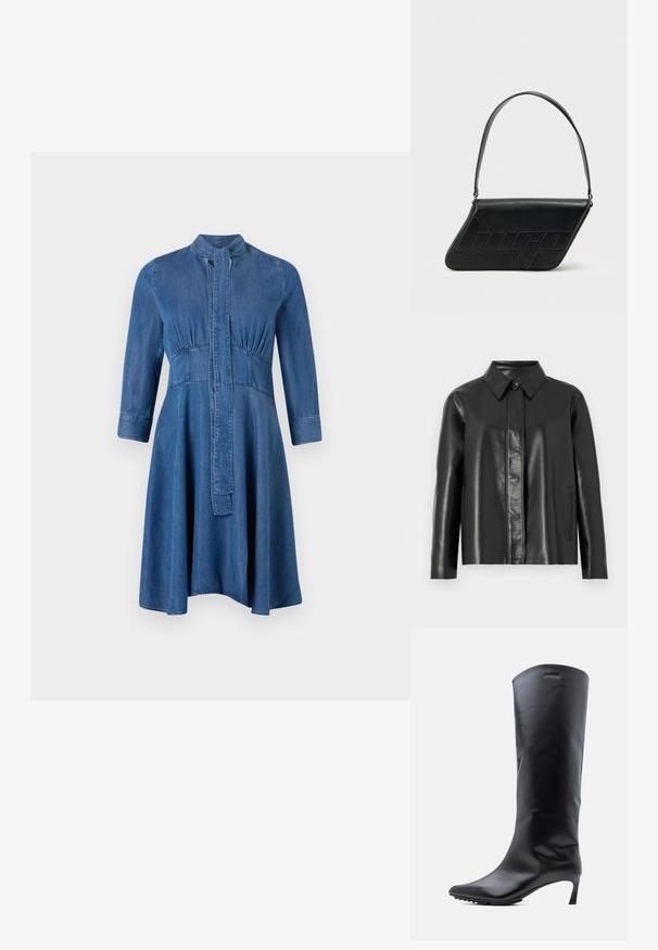 Sort læderjakke med krave, lukning med knapfront og to sidelommer. Glat tekstur med minimal syning.; Denimkjole med en tætsiddende top, lange ærmer, stående krave og en svajende nederdel; har en knaplukning foran og samlet detalje.; Knæhøj sort læderstøvle med spids tå og slank, høj hæl. Glat tekstur med minimal hardware og mærkelogo nær toppen.; Sort skuldertaske i læder med trekantet form, præget logo og en enkelt justerbar rem. Minimalistisk design med glat tekstur.