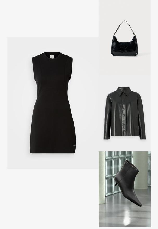 Chaqueta de cuero negra con cuello tipo solapa, cierre frontal con botones y dos bolsillos laterales. Textura suave con detalles de costura mínimos.; Vestido negro ajustado sin mangas de Calvin Klein con escote redondo y sutiles detalles de costura sobre un fondo blanco.; Bota de cuero negro para el tobillo con puntera puntiaguda y tacón pequeño, exhibida frente a una pared de bloques de vidrio y un suelo pulido.; Bolso de mano de piel sintética negra con un asa curvada en la parte superior, cierre de cremallera y logo "cK" en relieve en el frente. Textura suave, forma estructurada.