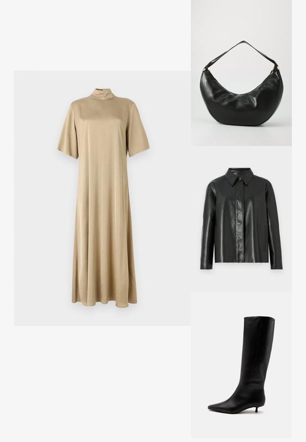 Zwarte leren jas met een kraag, knopen aan de voorkant en twee zijzakken. Gladde textuur met minimale stikseldetails.; Beige, knielange jurk met hoge hals en korte mouwen. Gemaakt van zachte stof, met een relaxte pasvorm en eenvoudig ontwerp.; Zwarte leren kniehoge laars met puntige neus en lage kittenhak tegen een effen lichte achtergrond.; Zwarte leren schoudertas met een gebogen vorm, zachte textuur en een enkele schouderband; beschikt over een gouden rits en subtiele branding.