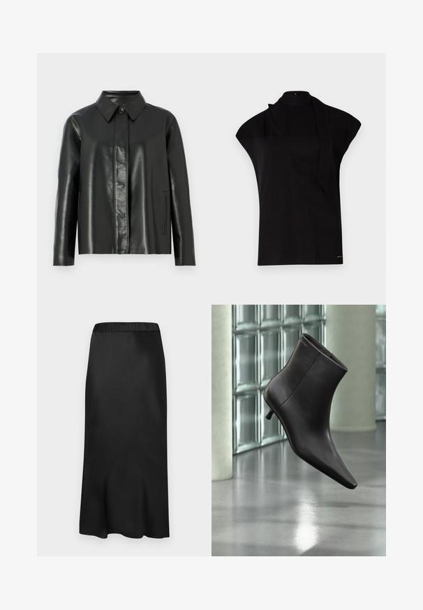 Sort læderjakke med krave, lukning med knapfront og to sidelommer. Glat tekstur med minimal syning.; Sort, højhalset top med korte ærmer, der har et asymmetrisk design og et langt halsbånd. Lavet af glat stof med et minimalistisk udtryk.; Sort satin midi-nederdel med elastisk talje. Glat tekstur og enkelt design, der taper lidt ved kanten for en flydende silhuet.; Sort læderankelstøvle med spids tå og lille hæl vist mod en væg af glasblokke og poleret gulv baggrund.
