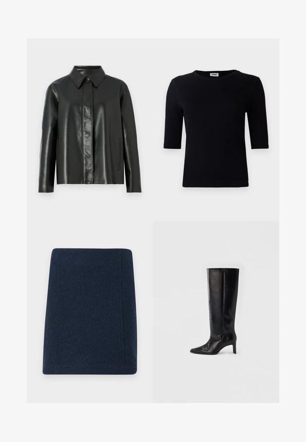Veste en cuir noir avec un col, fermeture à boutons à l'avant et deux poches latérales. Texture lisse avec des détails de couture minimes.; T-shirt noir à côtes avec un col rond et des manches trois-quarts. Le tissu a une texture lisse et une ligne d'ourlet droite. Pas de marque visible.; Jupe mini en laine bleu marine avec une coupe droite, des coutures plates et une texture lisse. Sans motifs ni ornements visibles.; Bottes noires montantes en cuir lisse, avec un bout pointu et un talon fin, une tige ajustée et un design minimaliste.
