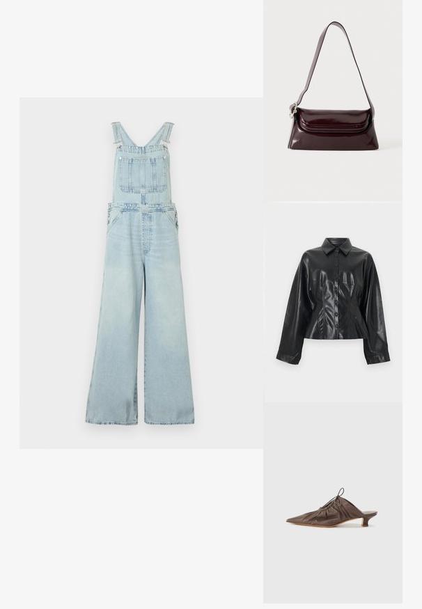 Μαύρο cropped πουκάμισο-ζακέτα από συνθετικό δέρμα με μυτερό γιακά, κλείσιμο με έξι κουμπιά και μακριά μανίκια, με λεία, γυαλιστερή υφή.; Ανοιχτό μπλε τζιν φορμάκι με φαρδιές παντελόνιες, ρυθμιζόμενους ιμάντες ώμου, μπροστινή τσέπη στο στήθος και πλευρικά κουμπώματα.; Καφέ δερμάτινο μούλ, με λεπτή μύτη, συγκεντρωμένη υφή, μικρό τακούνι και λωρίδα κορδονιού στην είσοδο. Λείος φινίρισμα.; Σκούρα μπορντό δερμάτινο τσάντα ώμου με κλείσιμο με καπάκι και λεπτό ρυθμιζόμενο λουράκι, εμφανίζεται σε απλό ανοιχτό φόντο.