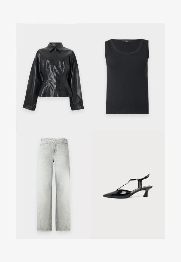 Veste-chemise courte en cuir synthétique noir avec col pointu, fermeture à six boutons et manches longues, présentant une texture lisse et brillante.; Débardeur noir côtelé sans manches avec encolure dégagée, présenté à plat sur un fond blanc.; Jeans gris clair à jambes larges en denim, avec une taille haute, un design cinq poches et une fermeture par bouton. Texture lisse avec une finition délavée.; Chaussure slingback en cuir verni noir à bout pointu avec bride en T et petit talon bloc incliné sur fond blanc.