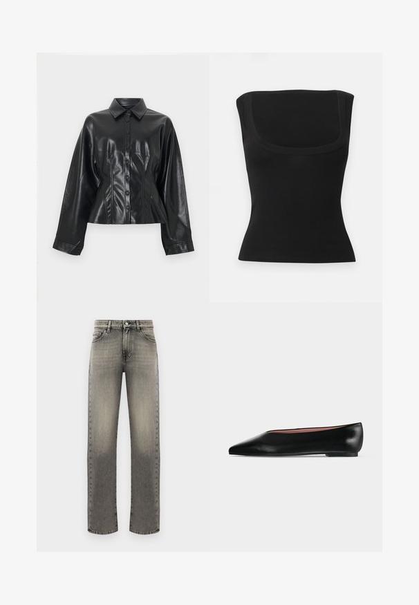 Veste-chemise courte en cuir synthétique noir avec col pointu, fermeture à six boutons et manches longues, présentant une texture lisse et brillante.; Haut noir ajusté sans manches avec un large décolleté carré et un tissu lisse, présenté sur un fond clair uni.; Jean en denim gris à coupe droite, avec un motif délavé, cinq poches et surpiqûres le long des coutures et de la taille.; Chaussure plate en cuir noir pour femme, avec bout pointu et petit talon, vue de côté sur un fond gris clair uni.