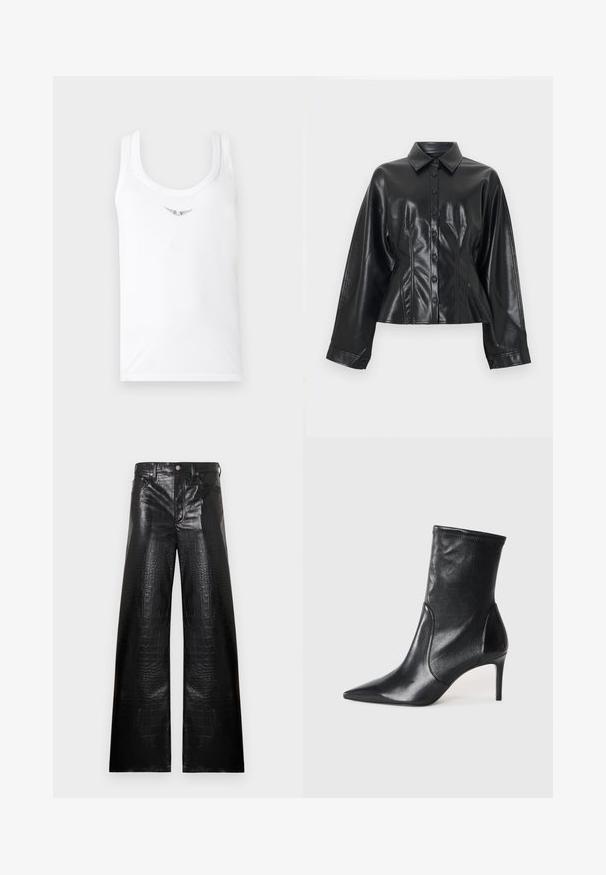 Μαύρο cropped πουκάμισο-ζακέτα από συνθετικό δέρμα με μυτερό γιακά, κλείσιμο με έξι κουμπιά και μακριά μανίκια, με λεία, γυαλιστερή υφή.; Λευκό αμάνικο μπλουζάκι με μικρό μαύρο αφηρημένο πουά σχέδιο κοντά στη λαιμόκοψη σε απλό φόντο.; Μαύρο δερμάτινο παντελόνι με φαρδιά μπάσκα και υφή κροκοδείλου, κλείσιμο με κουμπιά και σχεδιασμό με πέντε τσέπες με ασημί μεταλλικές λεπτομέρειες.; Μαύρες αστράγαλοι μπότες από λείο δέρμα, με μυτερή μύτη, εφαρμοστό μάκτρο και λεπτό ψηλό τακούνι. Μινιμαλιστικός σχεδιασμός χωρίς ορατά μεταλλικά στοιχεία.