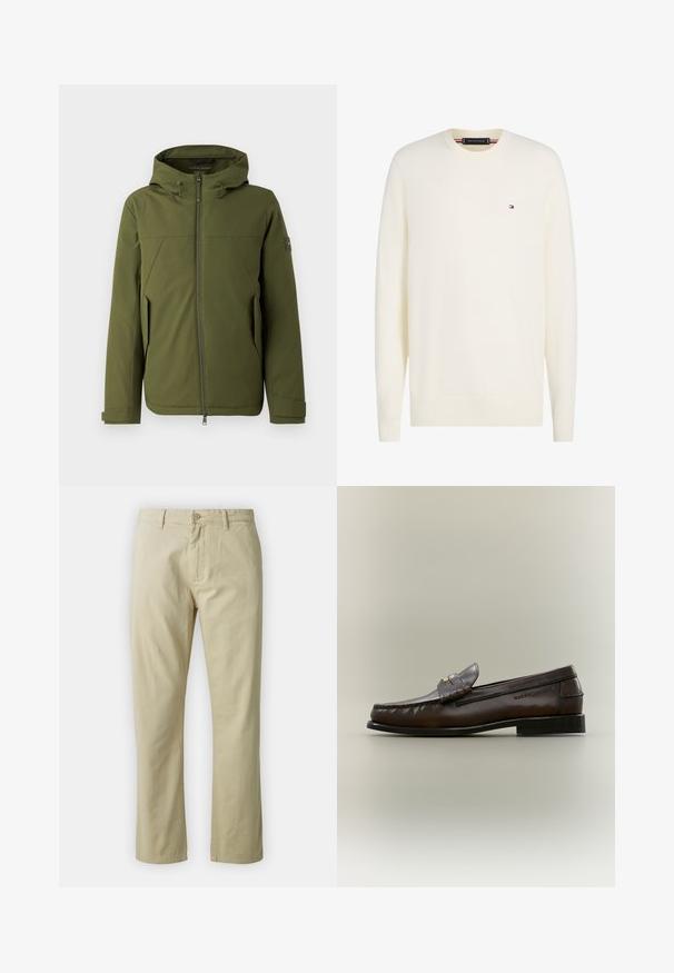 Veste vert olive avec capuche, dotée d'une fermeture éclair à l'avant, de coutures en biais, de poches latérales et d'un accent de logo sur la manche. Texture lisse.; Pull crème à manches longues col rond avec petit logo drapeau Tommy Hilfiger sur la poitrine gauche et poignets et ourlet côtelés.; Pantalon en coton beige avec une coupe droite, fermeture à bouton sur le devant et passants de ceinture. Texture lisse, sans motifs ou accents visibles.; Mocassin en cuir marron foncé avec un petit talon noir, coutures mocassin et une bride décorative sur le dessus.