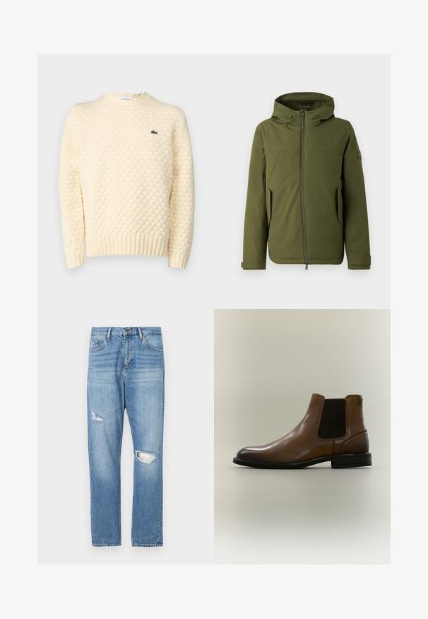 Veste vert olive avec capuche, dotée d'une fermeture éclair à l'avant, de coutures en biais, de poches latérales et d'un accent de logo sur la manche. Texture lisse.; Pull en laine de couleur crème avec un motif en losanges texturé, des poignets et un ourlet côtes ; comprend un petit logo vert Lacoste sur la poitrine.; Jean en denim bleu clair avec une coupe décontractée, présentant deux trous usés à l’avant, un design classique à cinq poches et des coutures robustes.; Bottine Chelsea en cuir marron avec panneau latéral élastique noir et semelle basse noire sur un fond neutre uni.