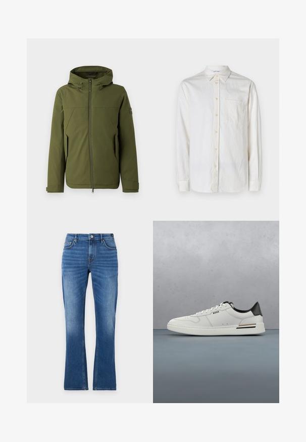 Olijfgroene jas met een capuchon, voorzien van een rits aan de voorkant, schuine naden, zijzakken en een logo-accent op de mouw. Soepele structuur.; Langarm, wit shirt van textuurstof met een button-down kraag, een voorzak en knoopsluitingen langs de sluiting en manchetten.; Jeans met uitlopende pijpen in medium blauw. Heeft een vijfzakkenontwerp, stikselaccenten, een knoopsluiting en een licht vervaagde textuur op de benen.; Witte lage sneaker met zwarte hiel, vetersluiting, subtiele perforaties en het "BOSS" logo aan de zijkant, getoond vanuit het zijprofiel.