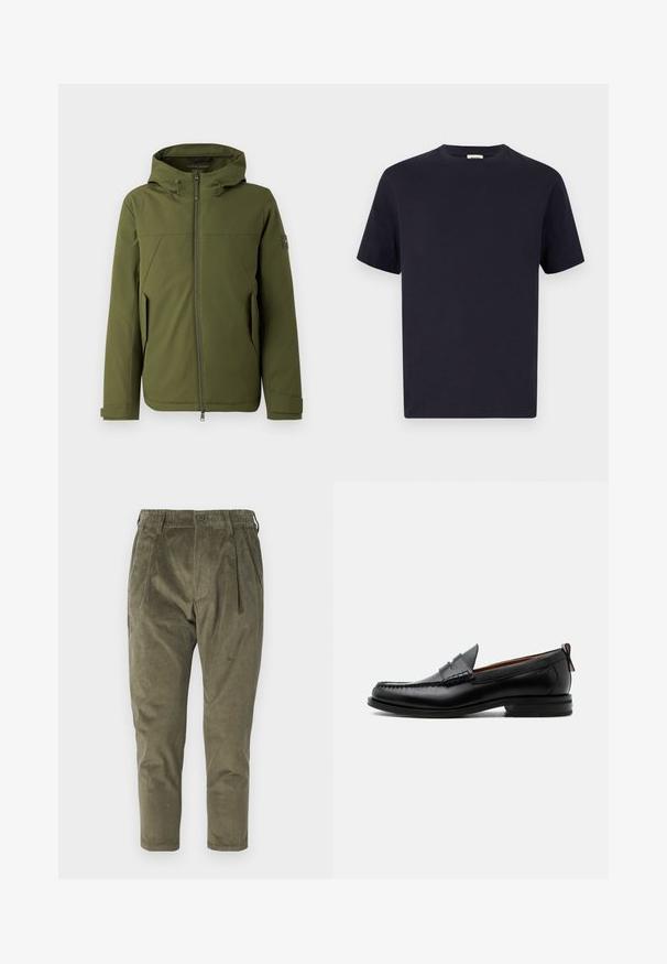 Olivengrøn jakke med hætte, som har en frontlynlås, skrå syninger, sidelommer og logoaccent på ærmet. Glat tekstur.; Marineblå bomulds T-shirt med rund halsudskæring, korte ærmer og afslappet pasform; glat tekstur; ingen synlige mønstre eller hardware.; Olivengrønne fløjlsbukser med afslappet pasform, der har folder, elastisk talje og tapered ben. Struktureret stof med lodrette ribber.; Sort læder herre loafer med moc-tå syning, penny strop, struktureret krave og lav stablet hæl på hvid baggrund.