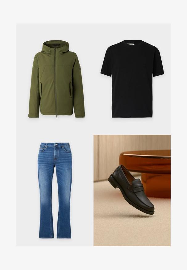 Olivengrøn jakke med hætte, som har en frontlynlås, skrå syninger, sidelommer og logoaccent på ærmet. Glat tekstur.; Sort kortærmet t-shirt lavet af bomuld med rund halsudskæring og løs pasform. Glat tekstur, ingen mønstre eller synlige logoer.; Mellemblå denim flared jeans. Har fem lommer, syede detaljer, knaplukning og en let falmet tekstur på benene.; Sort læder herreloafer med bånd tværs over toppen, vist på beige tæppe nær et brunt moderne rundt bord.