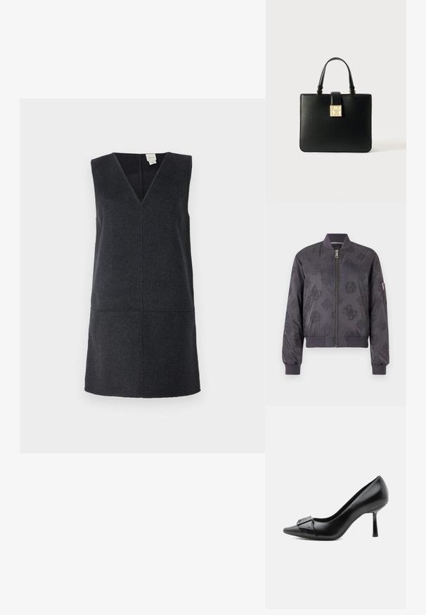Veste bomber gris foncé avec un motif de logo discret, des poignets et un col côtelés, une fermeture éclair à l'avant et une poche zippée sur le côté.; Robe sans manches gris foncé avec un décolleté en V profond, fabriquée à partir d'un mélange de laine douce, présentant une silhouette droite et des détails de couture.; Chaussure à talon haut en cuir noir avec bout pointu et boucle décorative à l'avant, vue de côté sur fond blanc.; Sac à main en cuir noir avec double poignées, forme rectangulaire structurée, quincaillerie dorée, présentant un détail de fermoir en forme de logo carré.