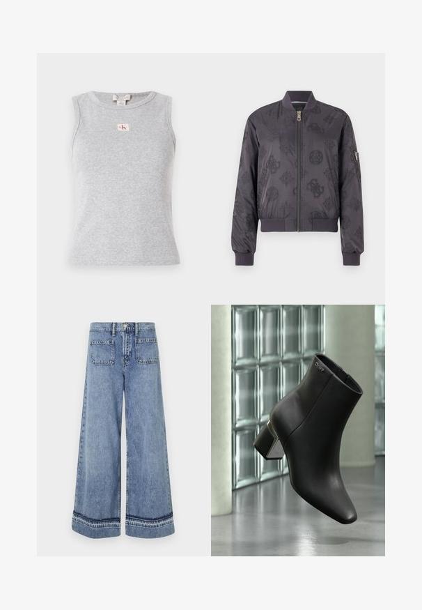 Veste bomber gris foncé avec un motif de logo discret, des poignets et un col côtelés, une fermeture éclair à l'avant et une poche zippée sur le côté.; Top sans manches gris en tissu côtelé, avec un col rond et une petite étiquette logo CK à l'avant. Design simple et ajusté.; Jean en denim bleu clair à jambes larges avec une taille haute, deux poches arrière et des coutures contrastantes le long des ourlets.; Bottine en cuir noir à talon bloc, logo DKNY près du haut, exposée devant un mur en blocs de verre et un sol en béton poli.