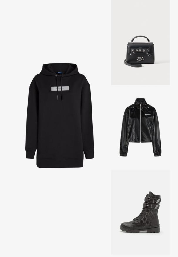 Must läikiv tõmblukuga jope kõrge kraega, elastsete varrukapitside, küljetaskute ja vasakul rinnal "KARL LAGERFELD JEANS" logoga.; Must võibkaelusega puuvillase segu, millel on ristkülikukujuline valge logo padi rinnal ja kapuutsil reguleeritavad nöörid.; Musta lahingukinga tekstureeritud pealsega, millel on houndstooth muster, kaks reguleeritavat rihma ja robustne tall.; Mustast nahast käekott pealmise sangaga, metallist silmaauguga rihma detail, hõbedase metallist logomärgiga ja eemaldatava õlarihmaga valgel taustal.