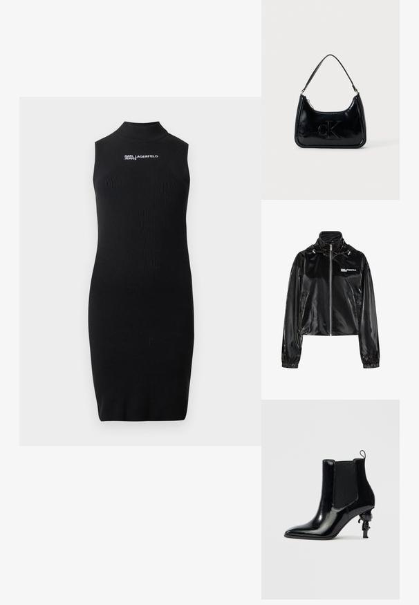 Čierna lesklá bunda na zips s vysokým golierom, elastickými manžetami, bočnými vreckami a logom "KARL LAGERFELD JEANS" na ľavej strane hrudníka.; Čierne bezrukávové rebrované pletené šaty s falošným rolákom a bielym logom "Karl Lagerfeld Jeans" na hrudi.; Čierna lesklá kožená členková čižma s elastickými bočnými panelmi, špicatou špičkou a unikátnym sochárskym dizajnom podpätku s malou postavičkou.; Čierna lakovaná kabelka s oblým horným uchom, zipsovým uzáverom a embosovaným logom "cK" na prednej strane. Hladká textúra, štruktúrovaný tvar.