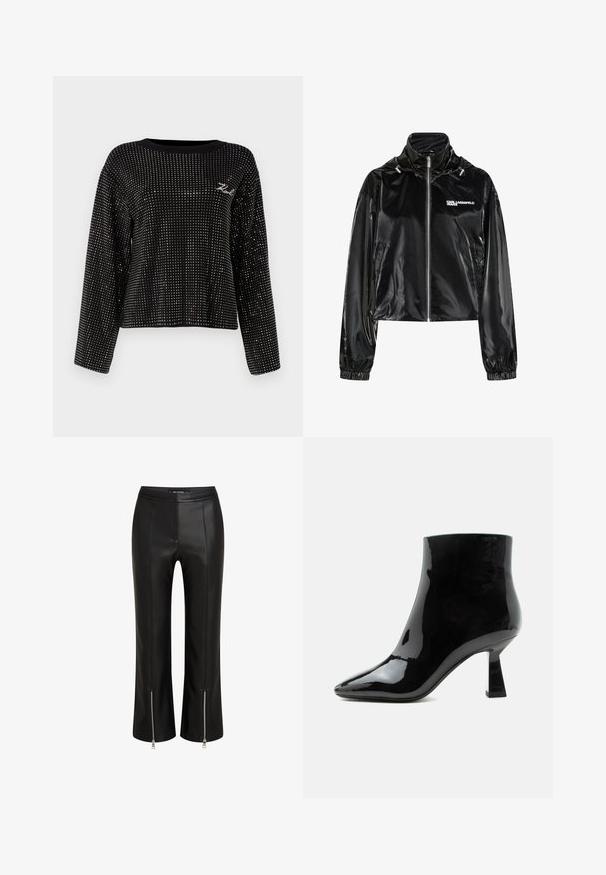 Must läikiv tõmblukuga jope kõrge kraega, elastsete varrukapitside, küljetaskute ja vasakul rinnal "KARL LAGERFELD JEANS" logoga.; Mustmustelane lühike sviiter, millel on ümmargune kaelus ja pikad varrukad, kaunistatud metallist nupudega ja väikese tikandiga logoga.; Mustadast nahast püksid, millel on vormitud disain, lukuga sääreajad, sile esipind ja nähtavad õmbluse detailid. Ühtlane sile tekstuur.; Must värviga läikiv lakknahast pahkluu saabas, terava varbaotsaga ja lõheneva keskmise kõrgusega kand valgel taustal.