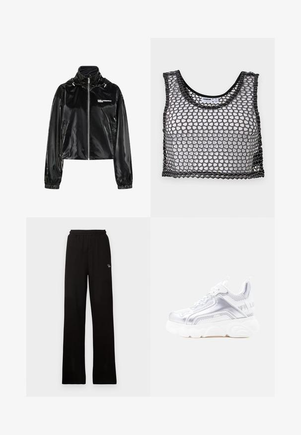 Zwarte glanzende jas met rits, hoge kraag, elastische manchetten, zijzakken en het logo "KARL LAGERFELD JEANS" op de linkerborst.; Zwarte mouwloze crop top met brede mesh-netstructuur en gegolfde randen, plat neergelegd met de voorkant en binnenlabels zichtbaar.; Zwarte geribde wijde broek met elastische tailleband en klein decoratief logo, met een gladde textuur en een full-length ontwerp.; Witte en zilveren chunky sneaker met dikke, gestructureerde zool, mesh en synthetische panelen, afgeronde neus en trek-lus aan de hiel.