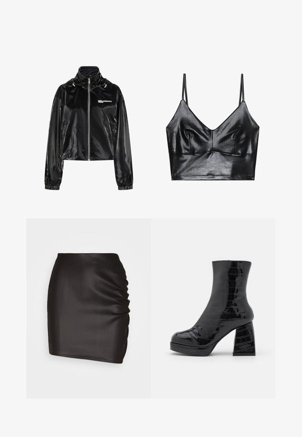Sort skinnende lynlåstrøje med høj krave, elastiske manchetter, sidelommer og "KARL LAGERFELD JEANS" logo på venstre bryst.; Sorte, skinnende bralette med tynde justerbare stropper, der har en V-udskæring, glat tekstur og subtil samling ved brystet for form.; Sort mini skirt lavet af glat syntetisk materiale, med rynket detaljer på den ene side og en tætsiddende silhuet.; Even&Odd by Zalando Plateaustøvletter - black