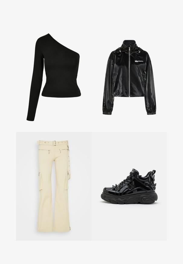 Sort skinnende lynlåstrøje med høj krave, elastiske manchetter, sidelommer og "KARL LAGERFELD JEANS" logo på venstre bryst.; Sort langærmet top med en asymmetrisk halsudskæring. Fremstillet af glat stof, tætsiddende design og en buet kant. Uden mønstre eller dekorationer.; The Ragged Priest FIELD TROUSERS - Cargobukser - stone; Sorte patentlæder sneakers med en kraftig sål, der har hævede sommerfugledekorate, teksturerede stofpaneler og sorte snørebånd.