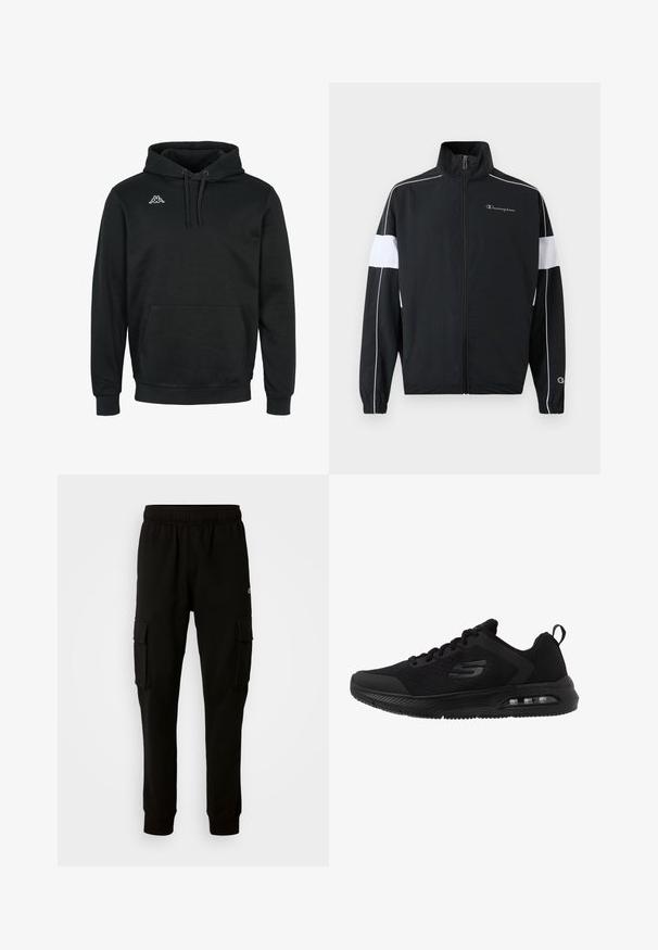 Sort sportsjakke med hvide sidepaneler, lynlås foran, høj krave, elastiske ærmer og Champion-logo på brystet. Letvægtsmateriale.; Sort hættetrøje lavet af blødt stof, med en frontlomme, snøre i hætten, ribbede manchetter og et lille hvidt logo på brystet.; Sorte cargo bukser lavet af bomuldsblanding, med elastisk talje, to sidelommer og manchetter i hæmmen for en tapered pasform.; Sorte sportsko med en åndbar mesh-overdel, teksturerede detaljer, polstret mellemsål og en synlig luftenhed i sålen for komfort.