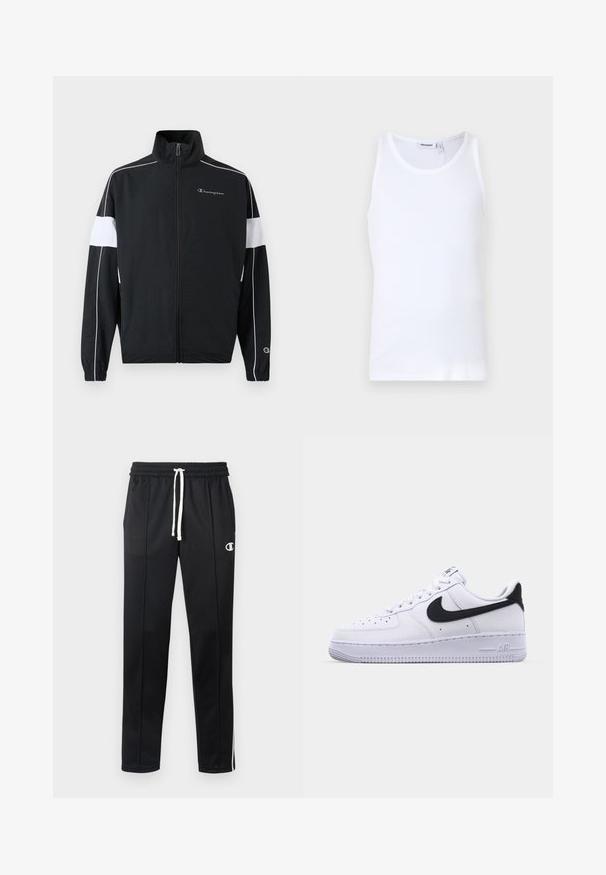 Sort sportsjakke med hvide sidepaneler, lynlås foran, høj krave, elastiske ærmer og Champion-logo på brystet. Letvægtsmateriale.; Hvid bomulds tanktop med rund hals og brede stropper. Glat tekstur, ingen mønstre, enkelt design og mærkeetiket på halsudskæringen.; Sorte atletiske bukser med hvid snor, sidelister, frontlommer og et lille hvidt Champion-logo på venstre lår.; Hvide lædersneakers med en struktureret sort Swoosh, flade snørebånd og en gummisål med et rillemønster. "AIR" er præget på hælen.