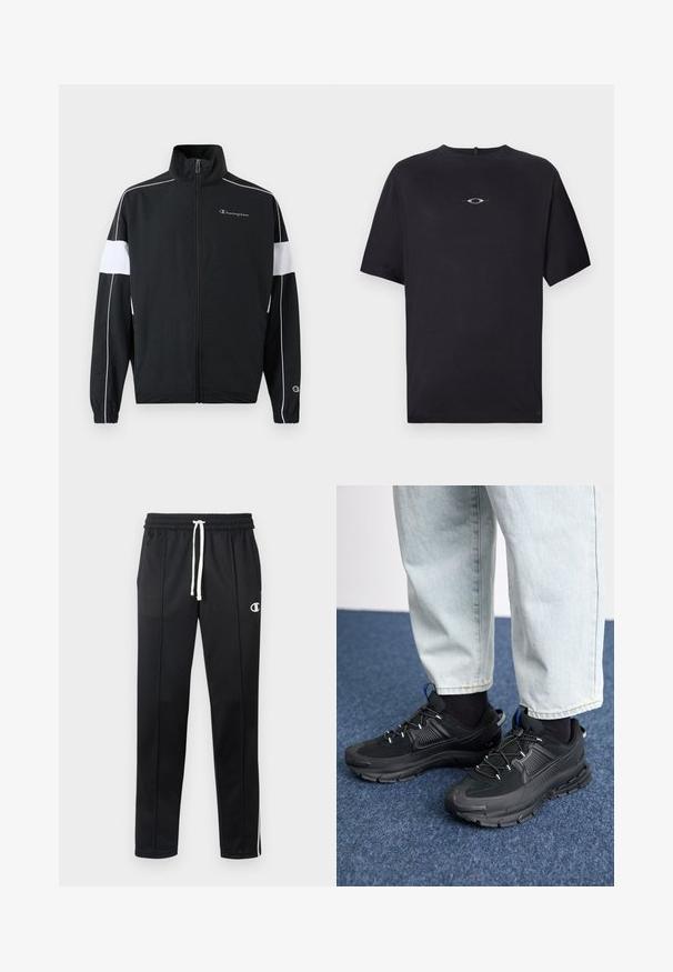 Zwarte sportjack met witte zijpanelen, ritssluiting, hoge kraag, elastische manchetten en het Champion-logo op de borst. Lichtgewicht materiaal.; Oakley STACKED TEE - T-shirt print - blackout; Zwarte sportbroek met witte trekkoord, zijstrepen, voorzakken en een klein wit Champion-logo op de linkerdij.; Zwarte sportschoenen met gestructureerde stof en rubberen zolen, met elastische veters en een blauwe accent op de hiel. Draag samen met lichte spijkerbroeken.