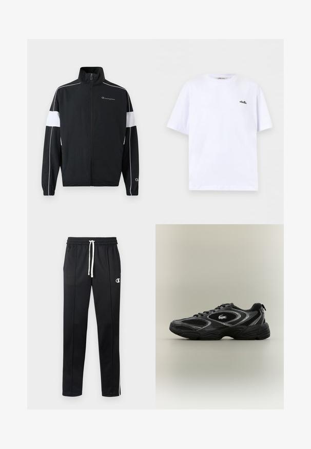 Sort sportsjakke med hvide sidepaneler, lynlås foran, høj krave, elastiske ærmer og Champion-logo på brystet. Letvægtsmateriale.; Hvid T-shirt med korte ærmer og rund hals med lille sort ellesse-logo på venstre bryst mod en ensfarvet baggrund.; Sorte atletiske bukser med hvid snor, sidelister, frontlommer og et lille hvidt Champion-logo på venstre lår.; Sort og grå atletisk sneaker med mesh-paneler, snørebåndsdesign, tyk sål og et lille krokodillelogo på siden.