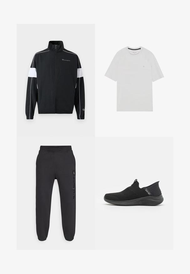 Chaqueta deportiva negra con paneles laterales blancos, cierre de cremallera, cuello alto, puños elásticos y logo de Champion en el pecho. Material ligero.; Camiseta blanca de manga corta con cuello redondo, que presenta mangas raglán, un logo sutil en el pecho y un ribete de color contrastante en el cuello.; Pantalones deportivos negros con cintura elástica y puños elásticos. Presentan un ligero brillo y un logo texturizado en la pierna izquierda.; Zapatos negros de tipo slip-on con parte superior de malla transpirable, diseño texturizado, suela flexible y plantilla suave y acolchada.